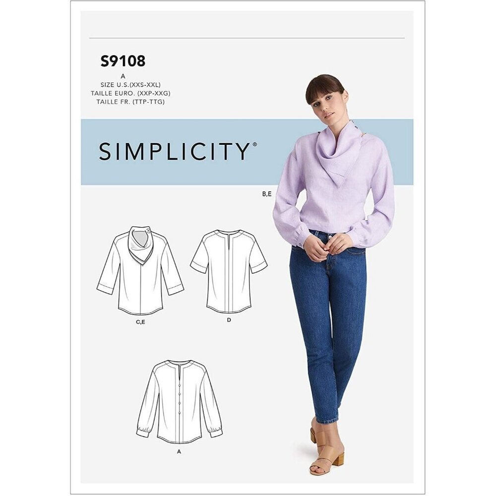 Simplicity Sewing Pattern S9108 R10495 Tops Sleeve Variations Neck Scarf XXS-XXL